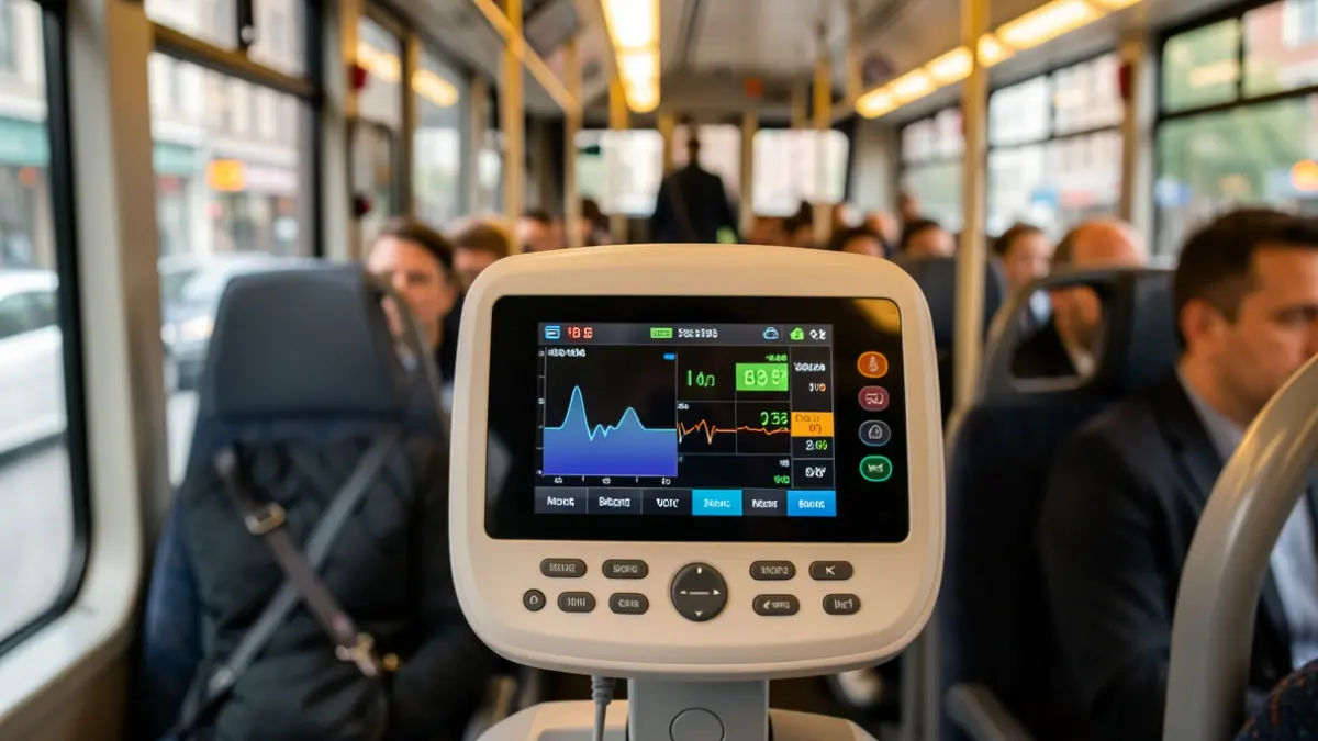 Close-up of an intelligent defibrillator inside an EMT Madrid bus.
