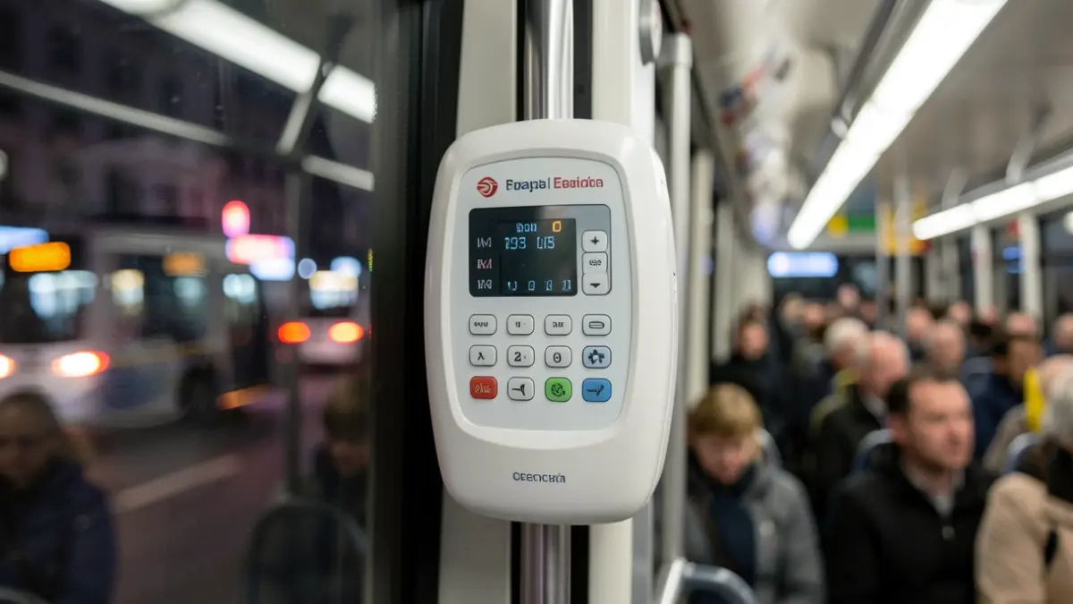Primer plano de un desfibrilador automático externo (DEA) moderno de fabricación española instalado en un autobús municipal de Madrid.