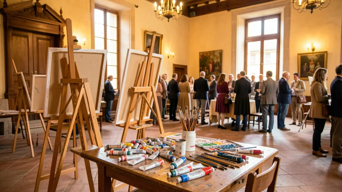 Imagen genérica de un certamen de pintura con caballetes y materiales de arte.