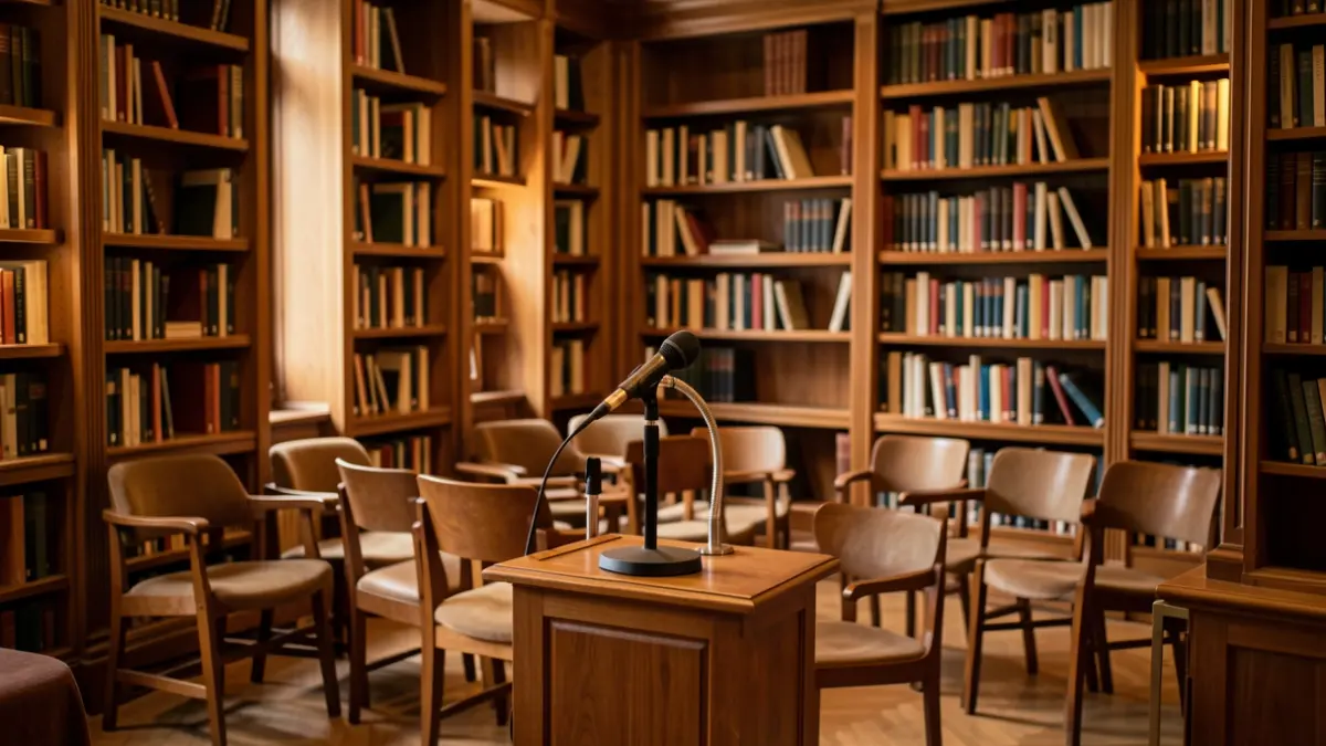 Imagen genérica de una sala de exposiciones o biblioteca con ambiente cultural.