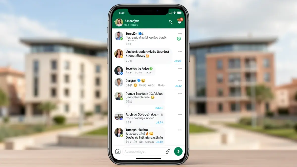 Mobile phone screen showing WhatsApp notifications with municipal news from Torrejón de Ardoz.