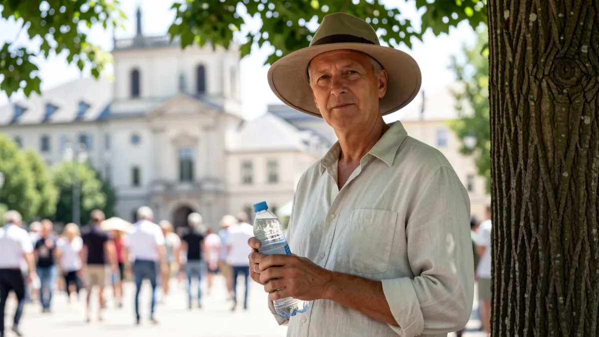 Person protected from the sun with light clothing and a hat, holding water, with a municipal building in the background.