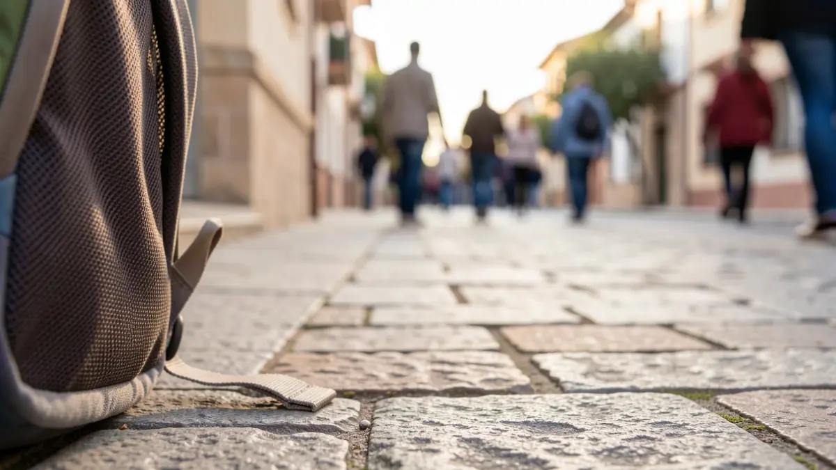 Image of a school backpack on a sidewalk, symbolizing the start of the Pedibus route.