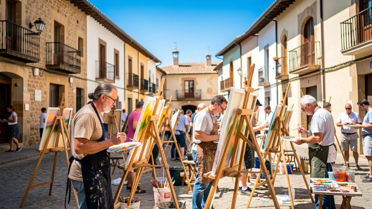 Artists painting outdoors in a Torrelodones square during a painting competition.