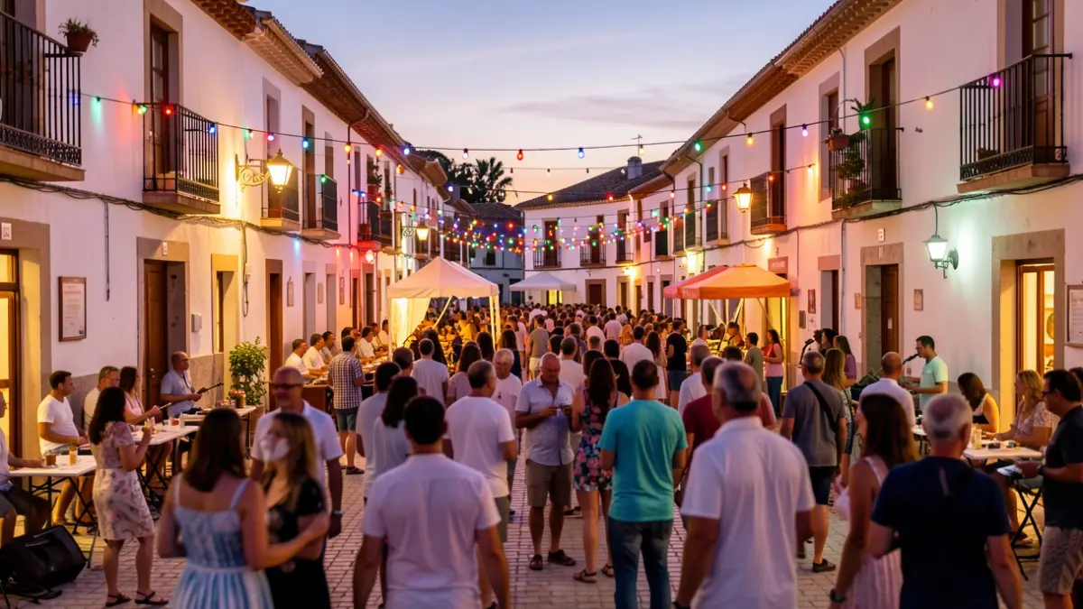 Festive atmosphere in a Torrelodones square during the summer patron saint festivals, with lights and people enjoying.