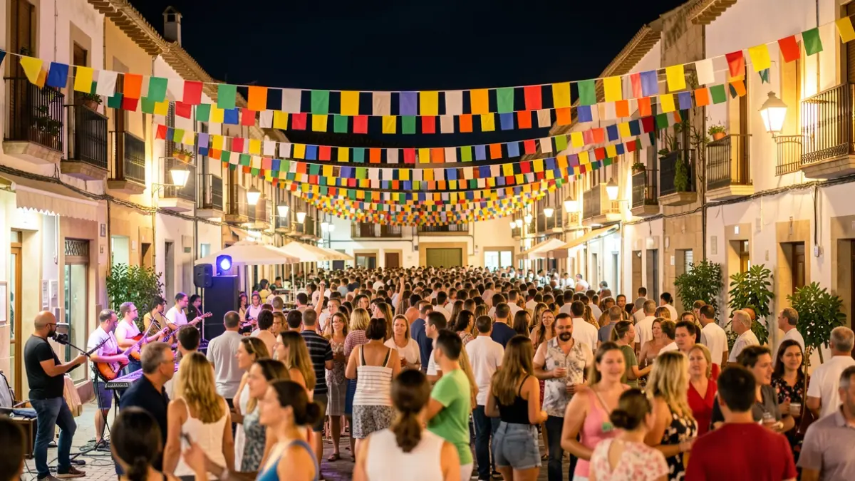 Imagen genérica de una fiesta popular en un pueblo español con ambiente festivo y música.