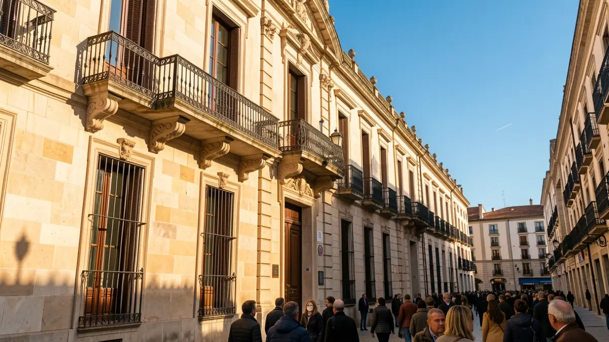 Fachada de un ayuntamiento de la Comunidad de Madrid con balcón de hierro y sol de tarde.
