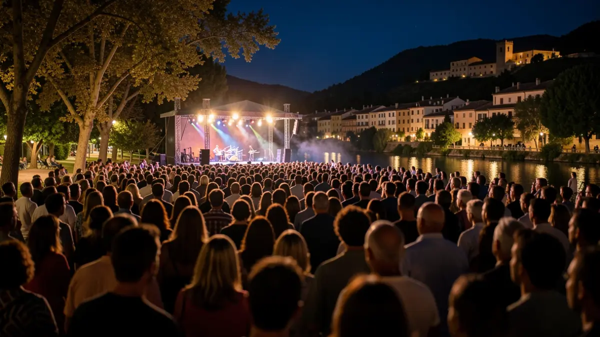 Imagen genérica de un concierto al aire libre por la noche en un parque junto a un lago, con público y escenario iluminado.