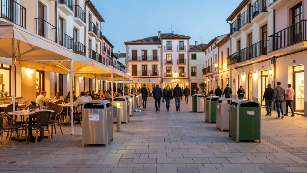 Imagen genérica de una calle limpia en Tres Cantos con terrazas de restaurantes y contenedores ordenados.
