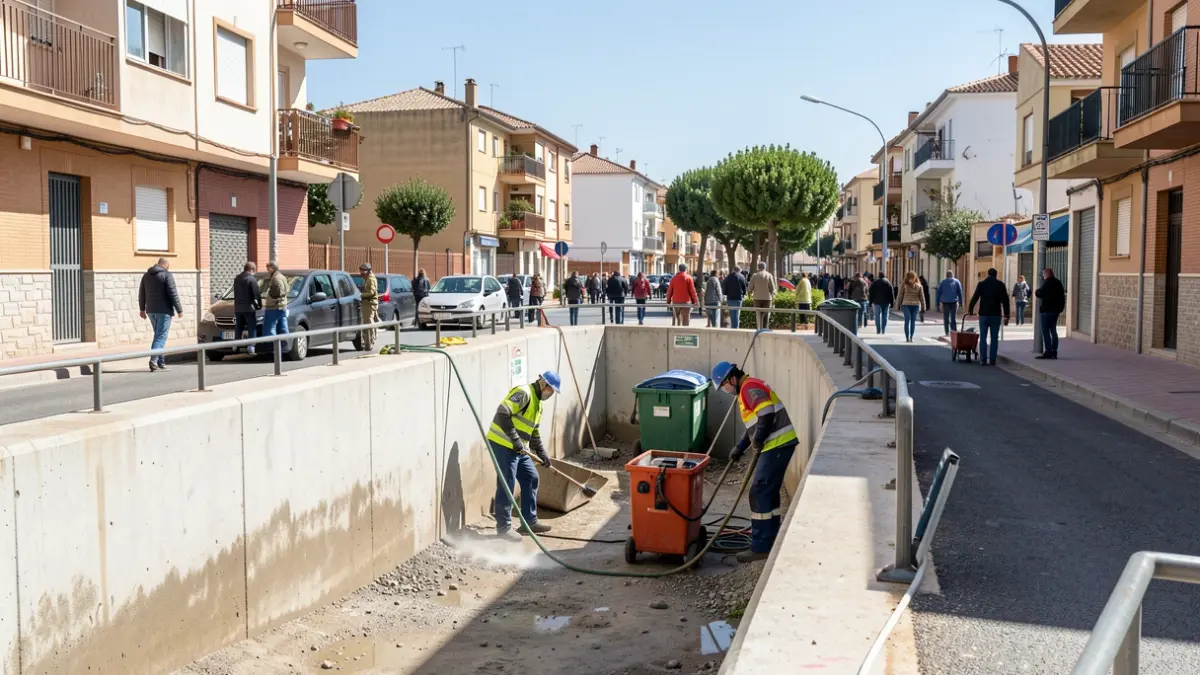 Contenedores soterrados en Tres Cantos siendo limpiados y desinfectados durante una campaña especial.
