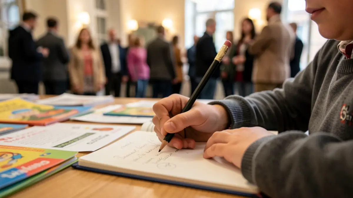 Primer plano de las manos de un niño escribiendo en un cuaderno con materiales educativos borrosos al fondo.
