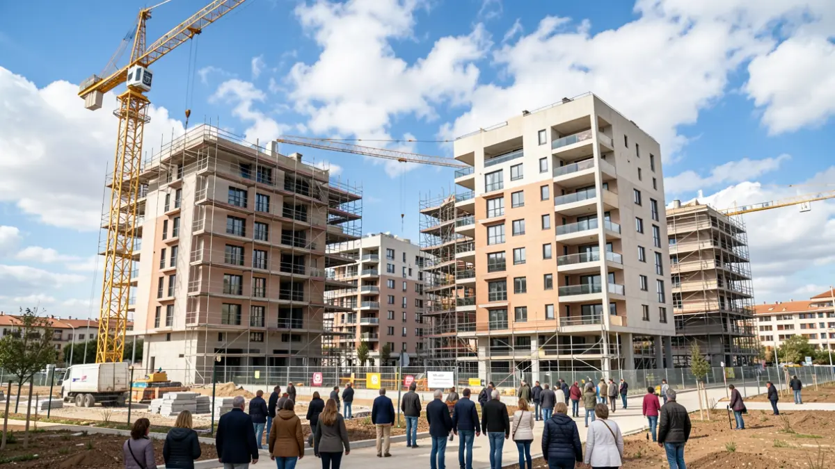 Modern apartment buildings under construction in Tres Cantos.
