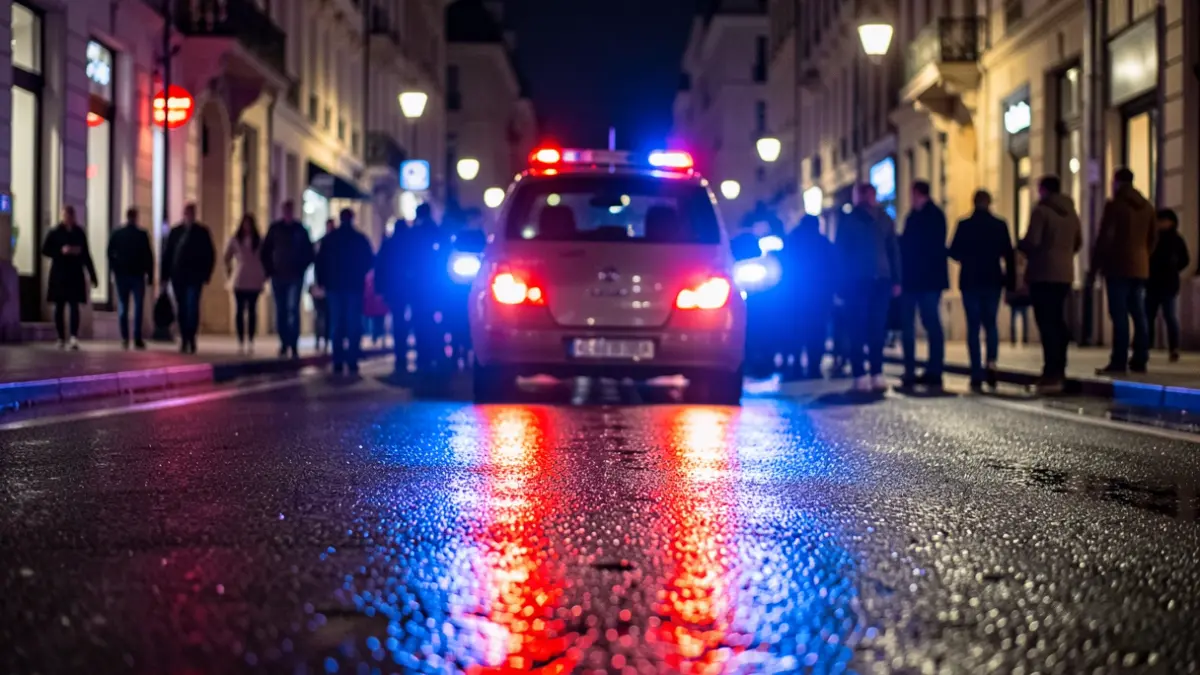 Generic image of emergency lights reflected on asphalt at night.