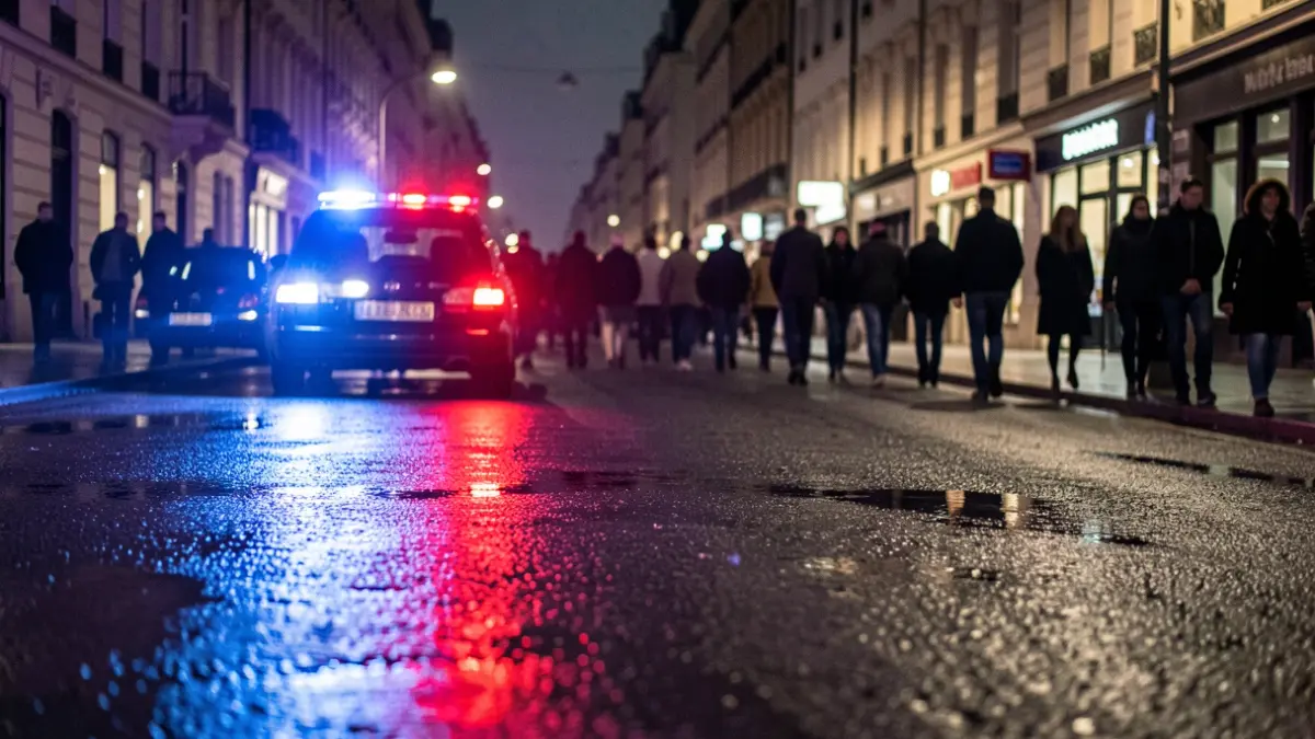 Imagen genérica de luces de emergencia policiales reflejadas en el asfalto durante la noche.