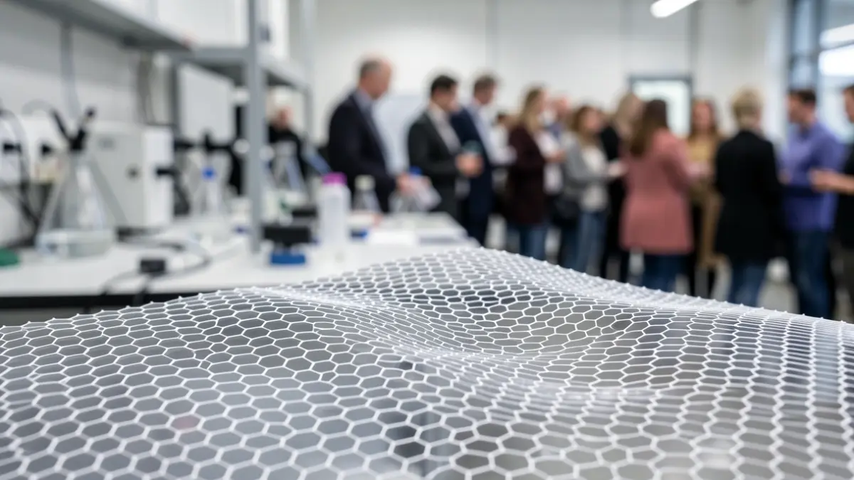 Atomic layer of graphene with a moiré pattern and a slight twist.