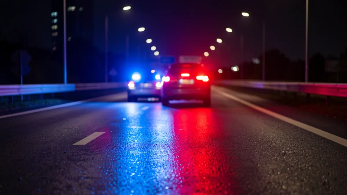 Generic image of emergency lights reflected on asphalt at night.