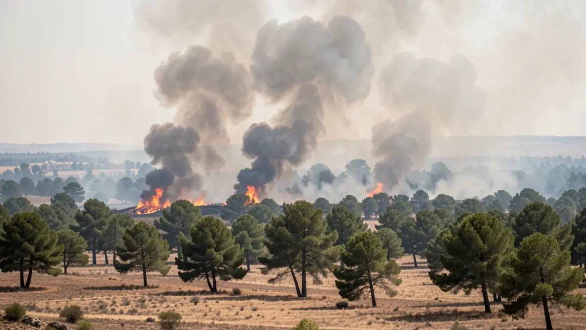 Imatge d'un gran incendi forestal a la Comunitat de Madrid amb fum dens i flames visibles.