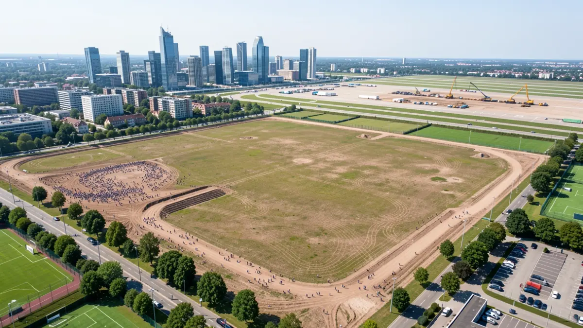 Vista aérea de un gran solar en Valdebebas, Madrid, destinado a un futuro campus tecnológico.