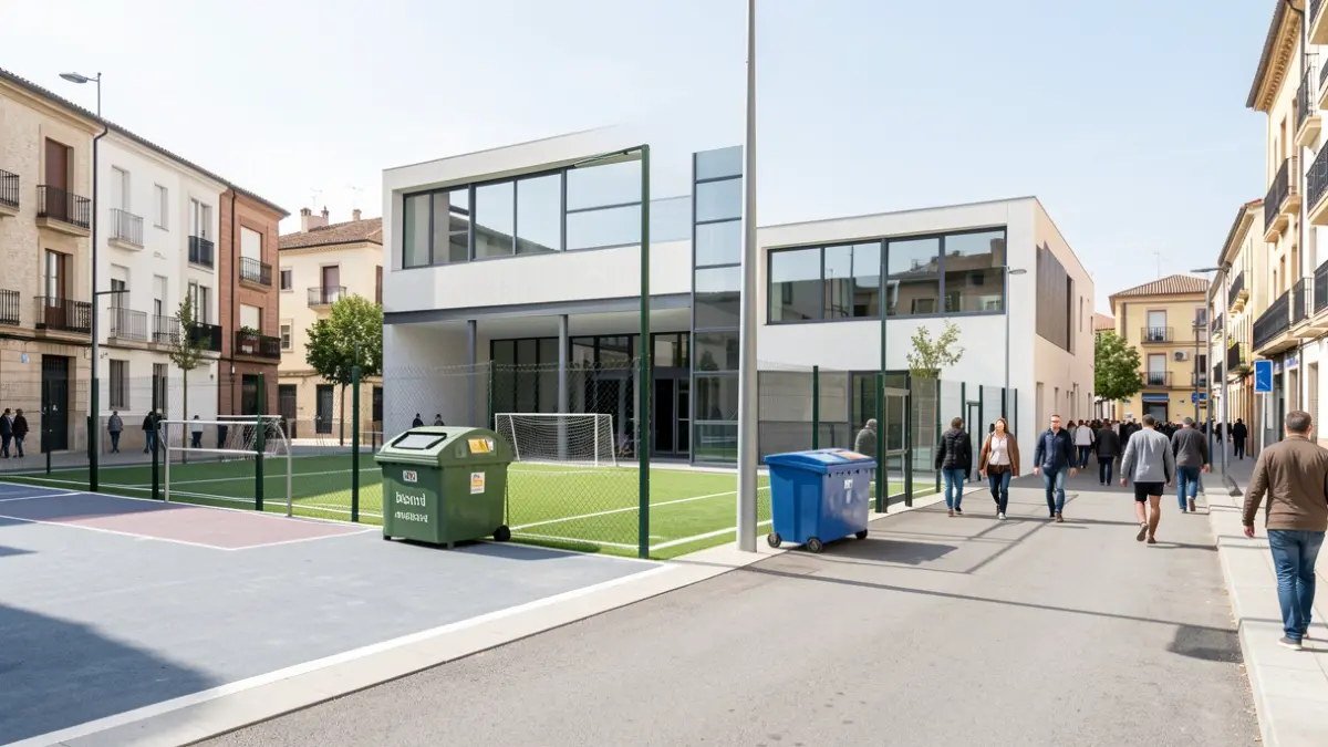 Modernized sports facilities in Valdemanco with waste collection points.