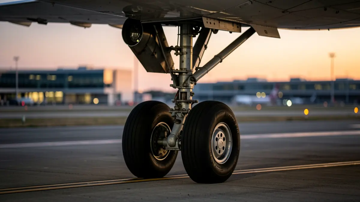 Tren de aterrizaje de un avión al atardecer sobre las pistas del aeropuerto de Madrid-Barajas.