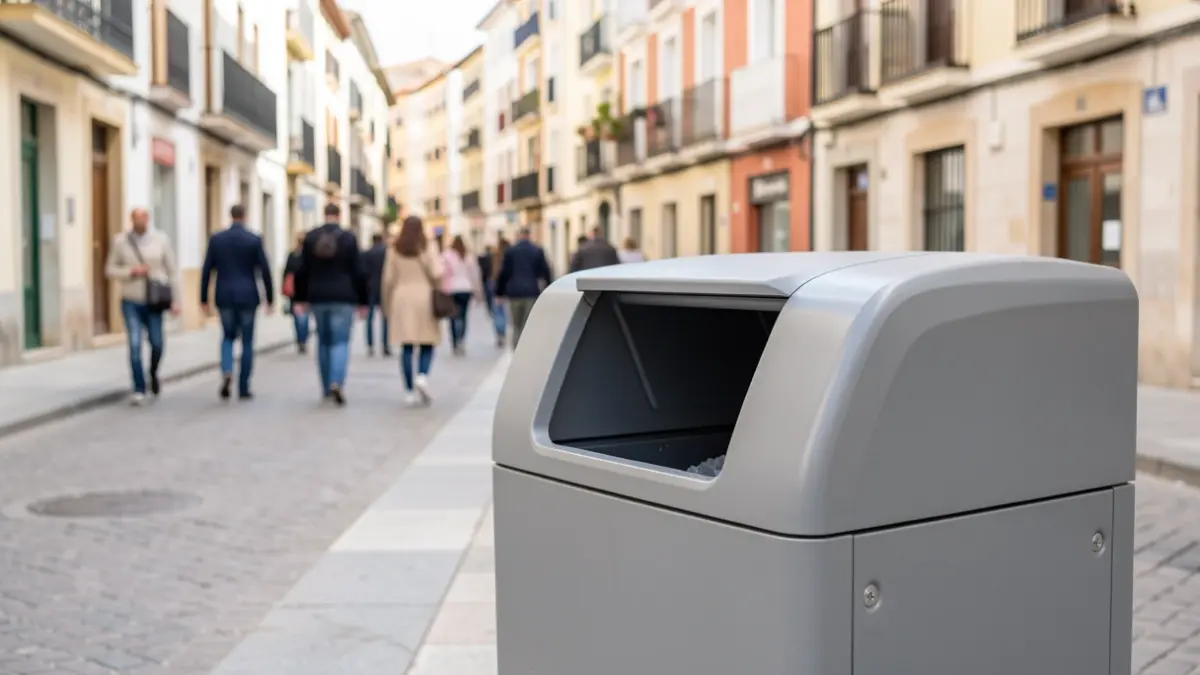 Generic image of a waste container in an urban setting.