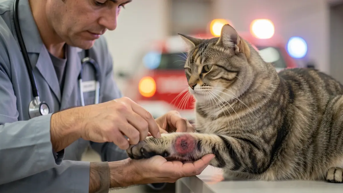 Veterinarian attending to a cat with burns after a wildfire in the Community of Madrid.