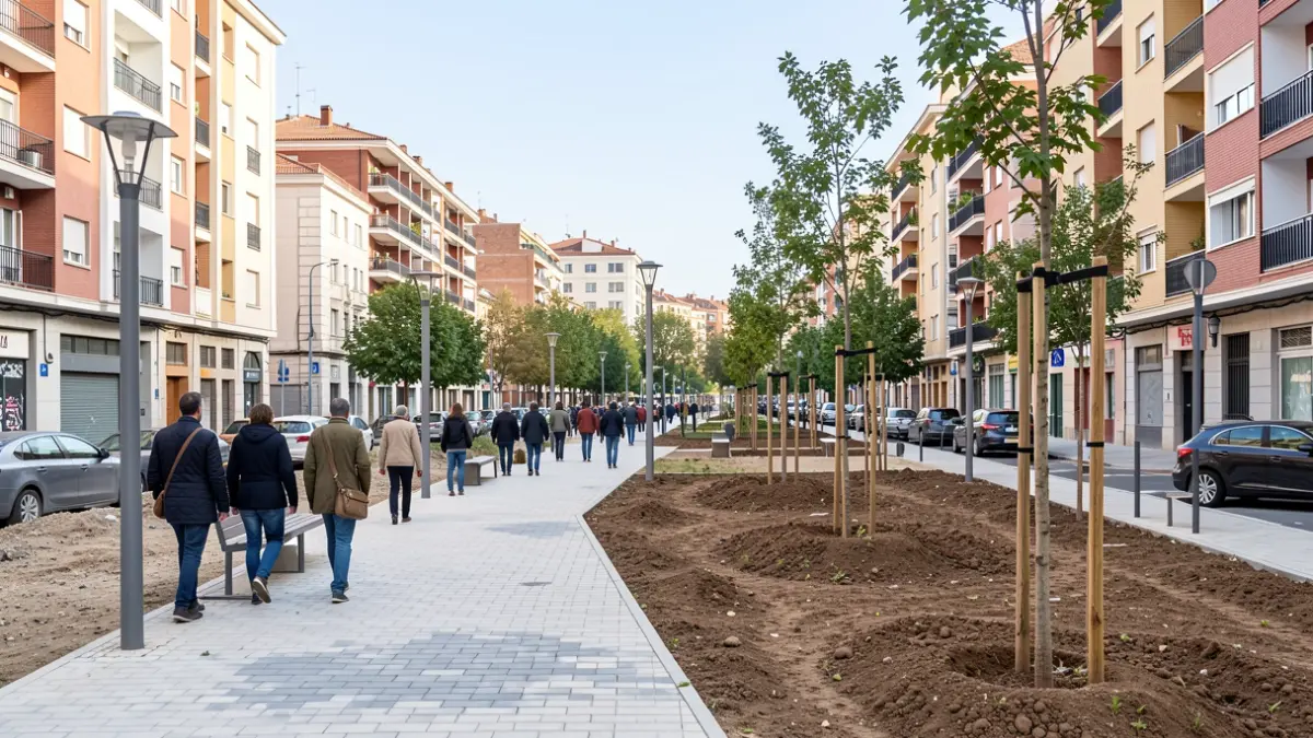 Obras de regeneración urbana en una zona residencial de Madrid.