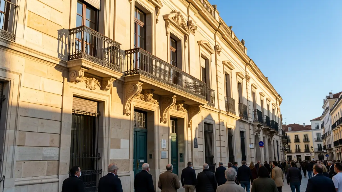 Fachada de un ayuntamiento de la Comunidad de Madrid con balcón y barandillas de hierro, luz cálida de la tarde.
