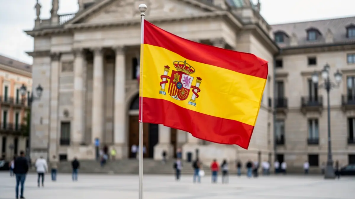 Spanish flag waving in front of a town hall in Madrid.