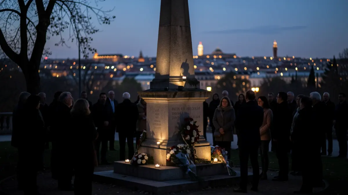 Imagen genérica de un acto conmemorativo al atardecer en un parque con un monumento y gente reunida.