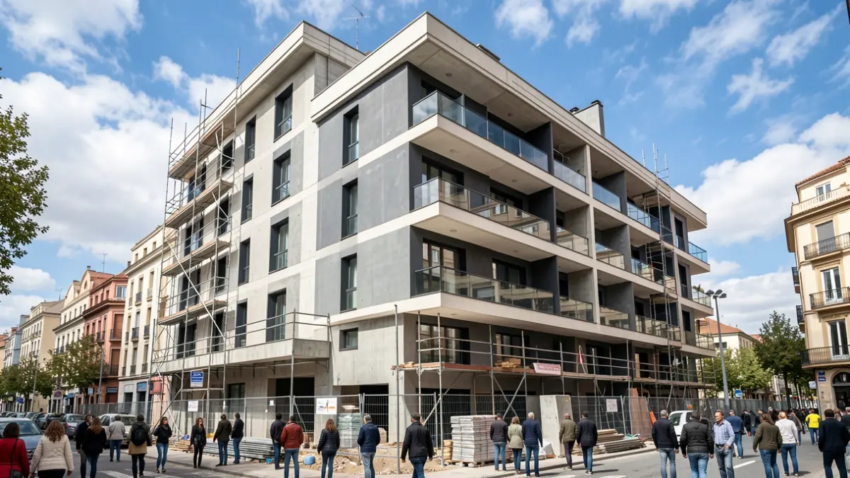 Fachada de un edificio de apartamentos moderno en construcción en un barrio de Madrid, con andamios y materiales de construcción visibles. Cielo azul con nubes dispersas.