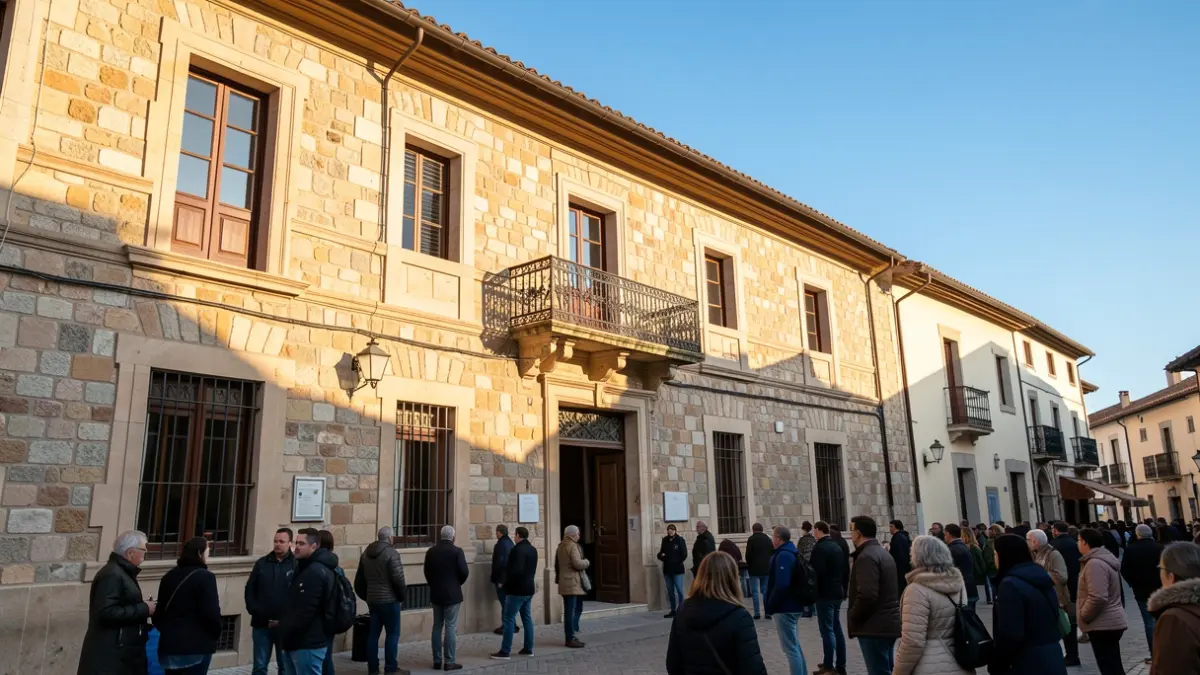 Facade of a Spanish town hall with an ornate balcony, under the afternoon sunlight.