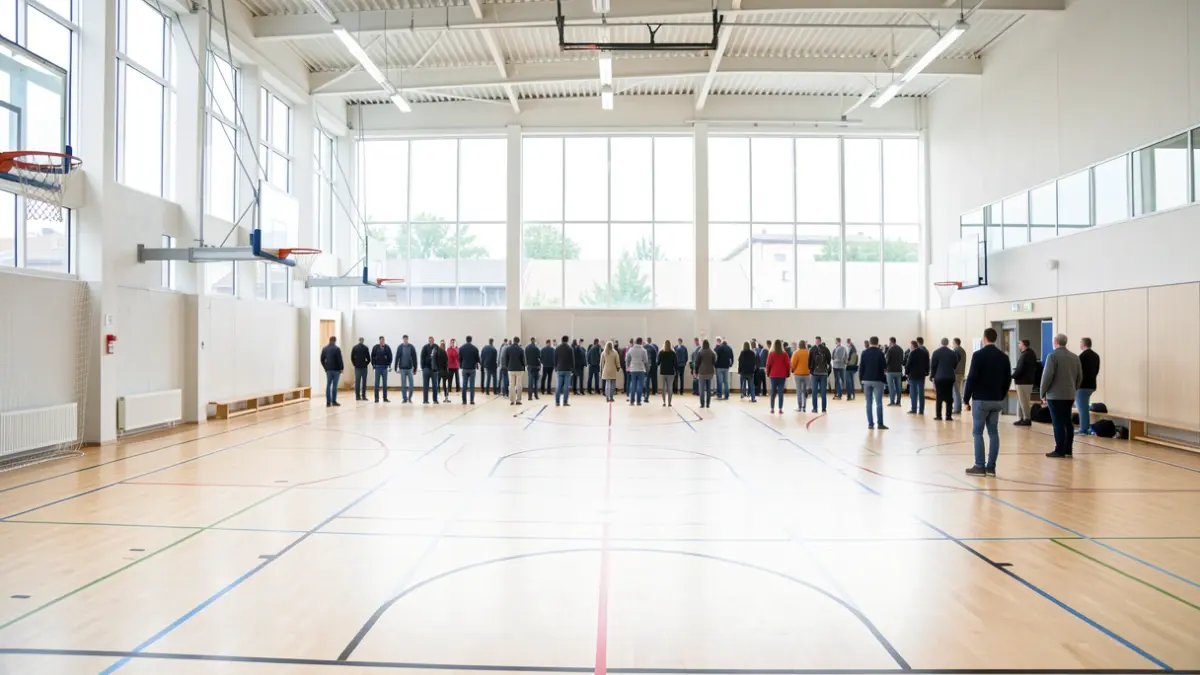 Instalaciones deportivas municipales vacías con canastas y líneas de cancha, luz diurna brillante.