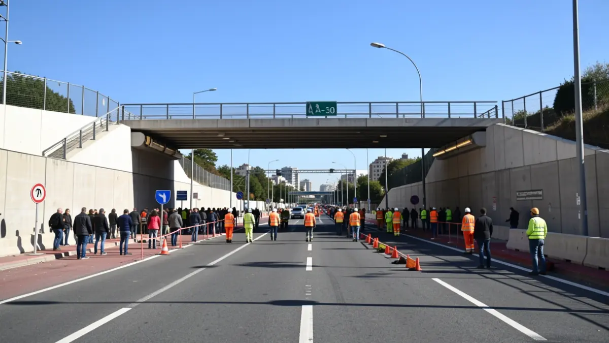 View of the M-30 tunnel exit towards the A-5 in Madrid, with construction and blue sky.
