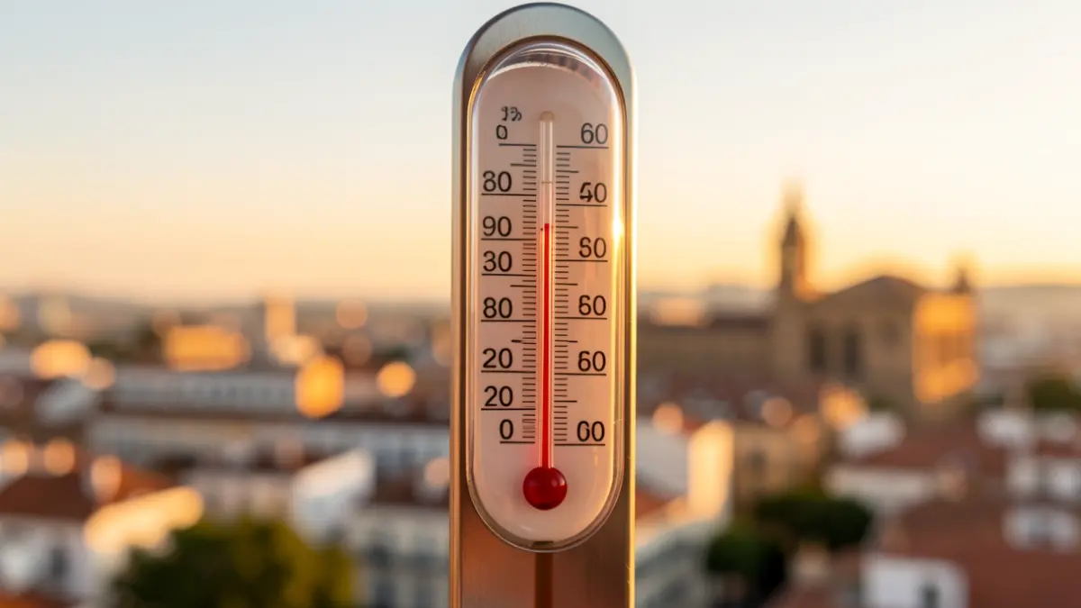 Imagen genérica de un termómetro marcando alta temperatura con el cielo de Madrid al fondo.