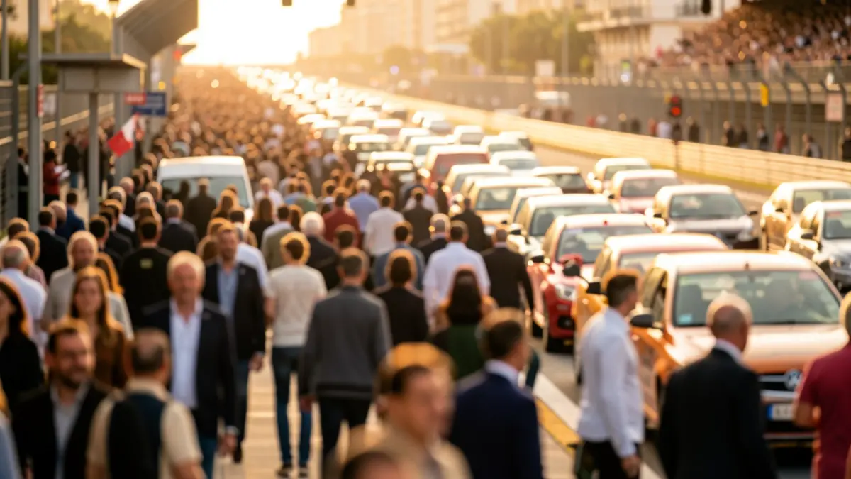 Generic image of a crowded event with staff organizing traffic and people's movement.