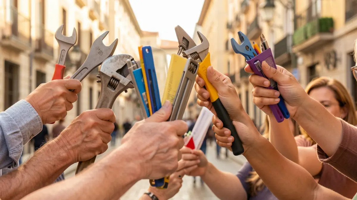 Diverse hands holding tools and office supplies, representing the foreign workforce in Madrid.