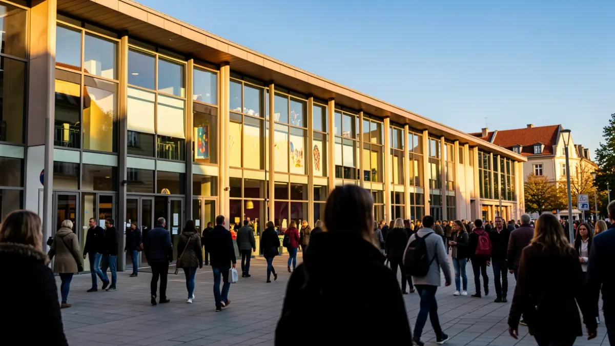 Imagen genérica de un centro cultural moderno con gente entrando.