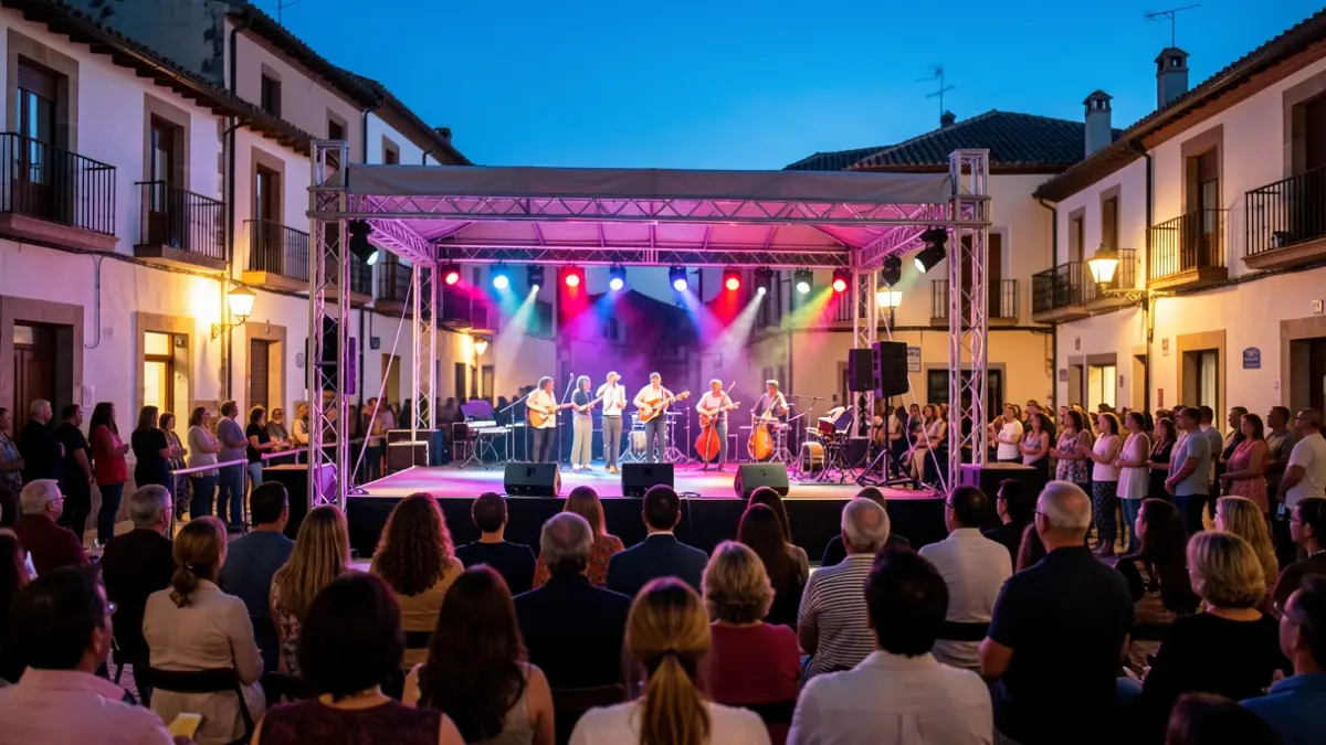 Scene of an outdoor stage in a public square at dusk, with colorful lights and a blurred audience.