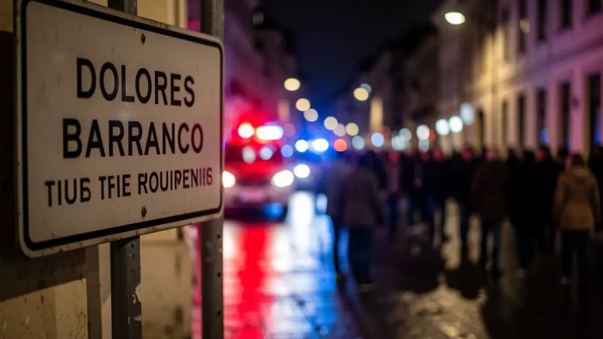 Close-up of a wet street sign at night with emergency lights.