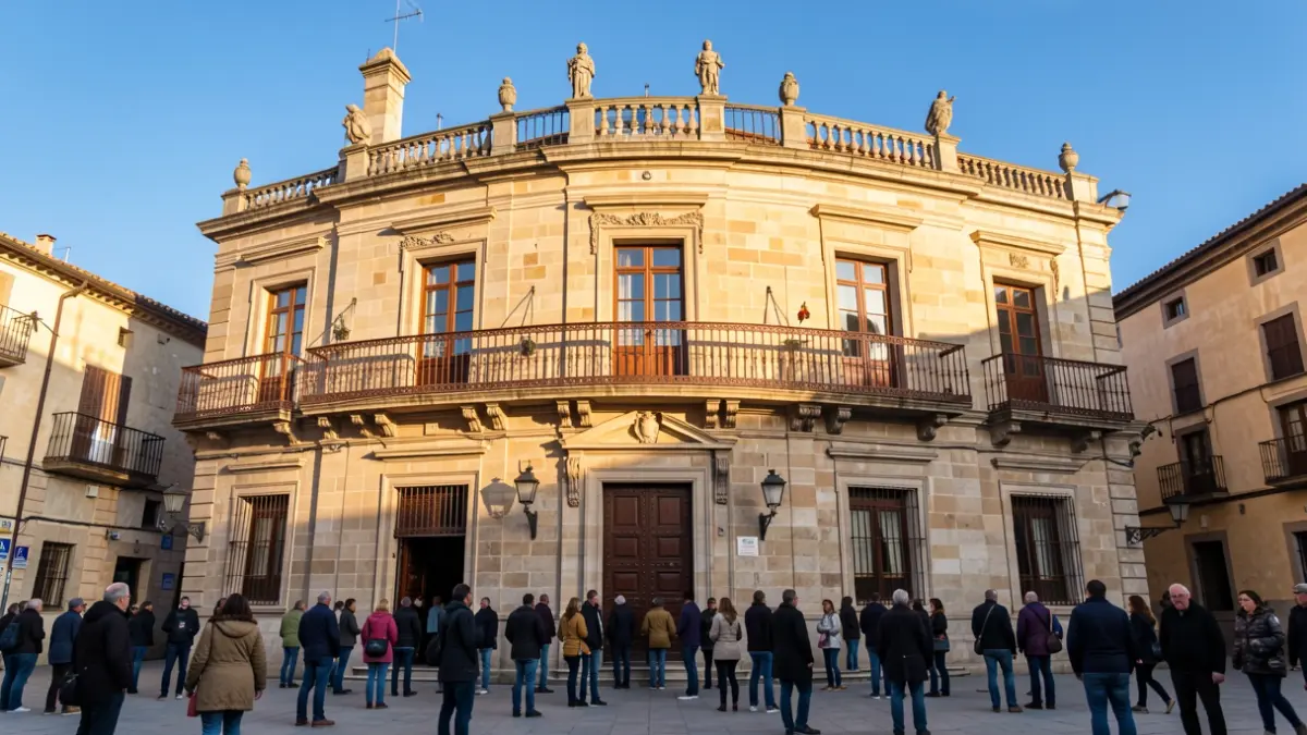 Facade of a historic Spanish town hall with ornate balconies and stone architecture, bathed in warm afternoon sunlight. Blue sky.