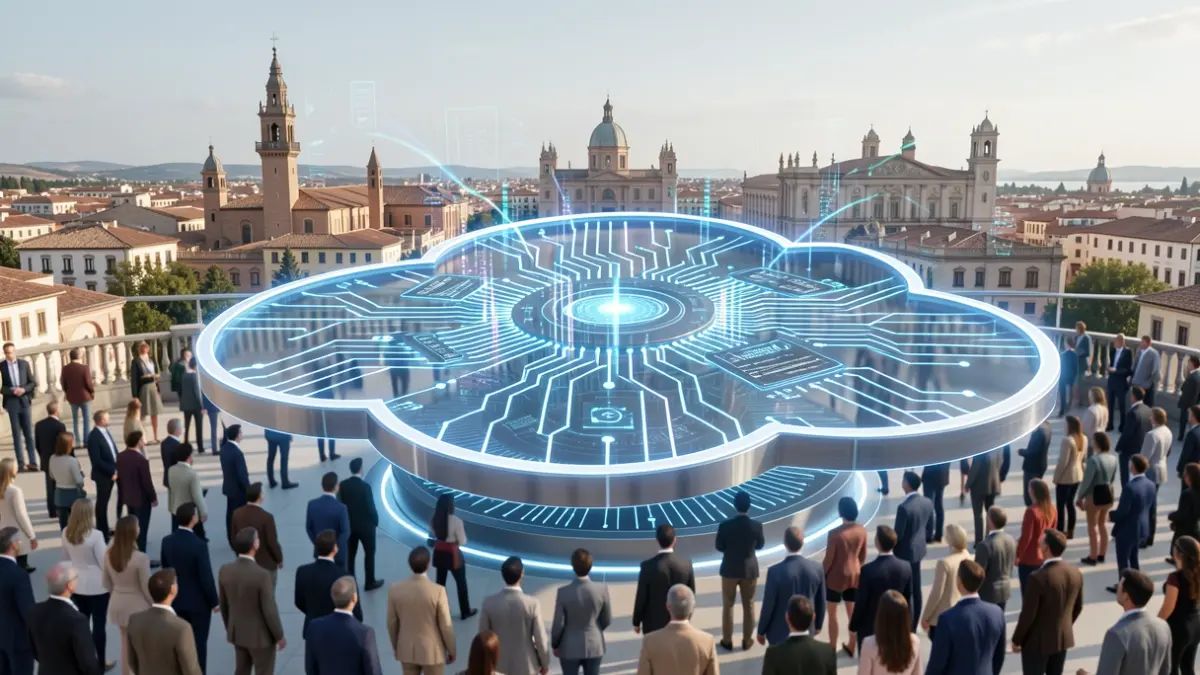 Abstract representation of the Sovereign AI Cloud in Alcalá de Henares, featuring digital elements and the city skyline.