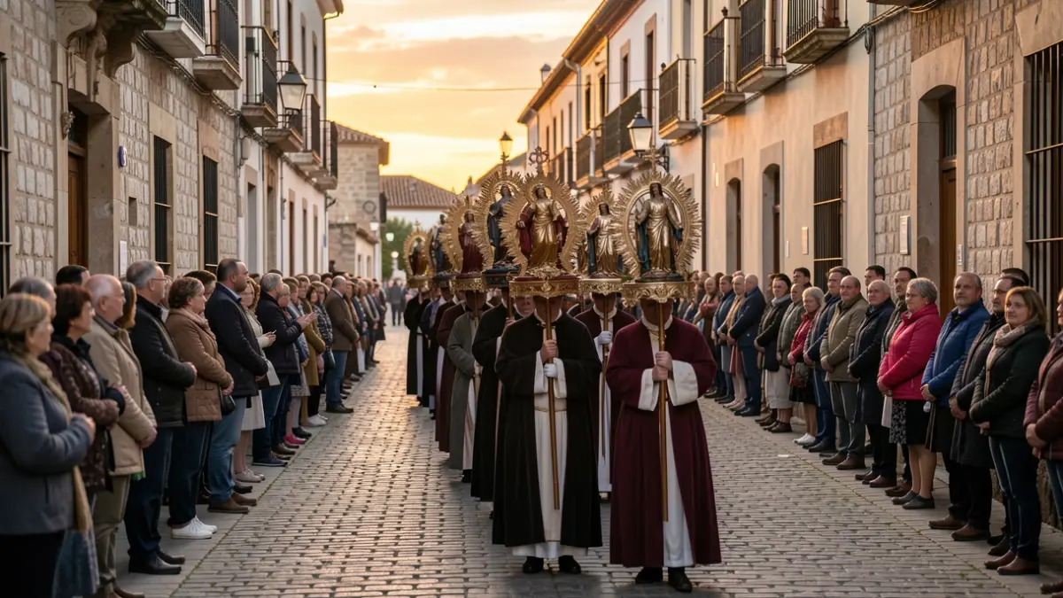 Procesión religiosa solemne en el casco histórico de Alcalá de Henares con vecinos y visitantes.