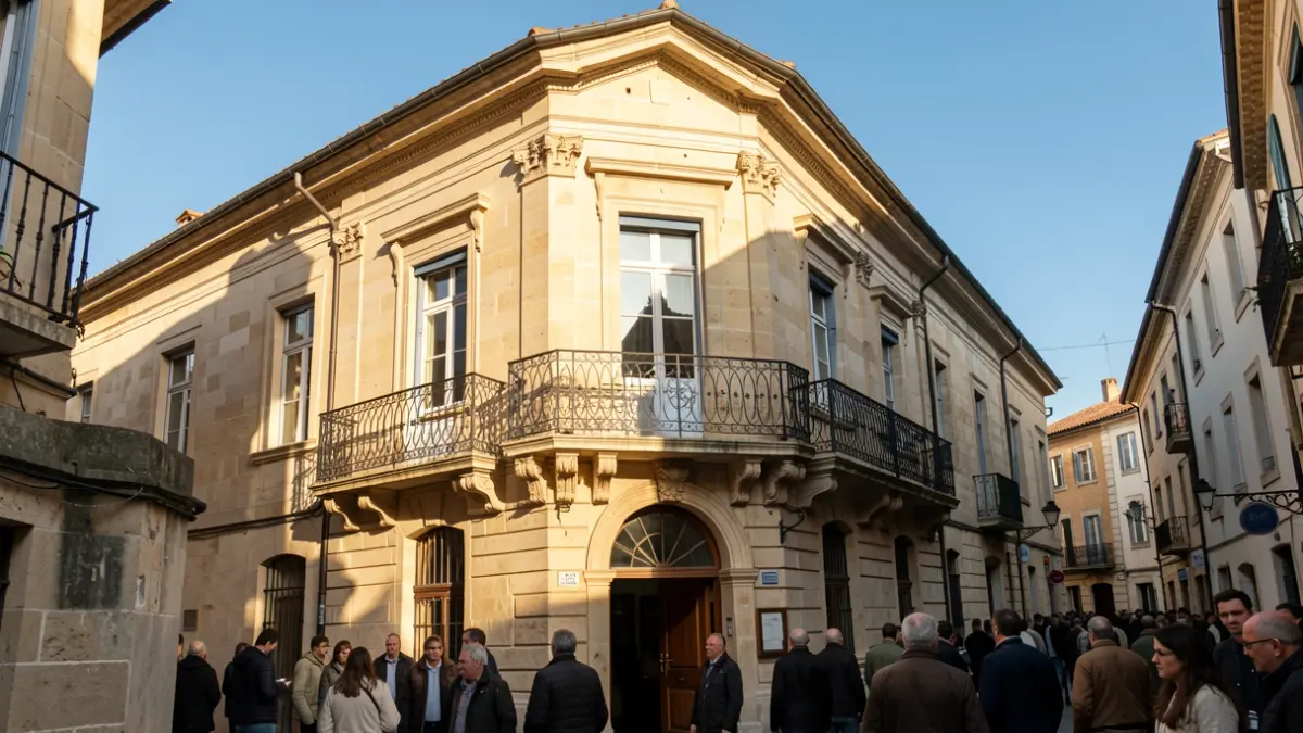 Fachada de un ayuntamiento de piedra con balcón y barandillas de hierro, luz cálida de la tarde.