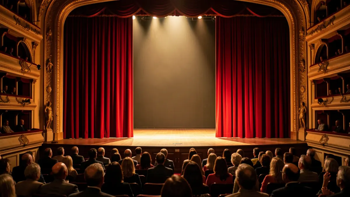 Escena genérica de un escenario de teatro con telón y foco.