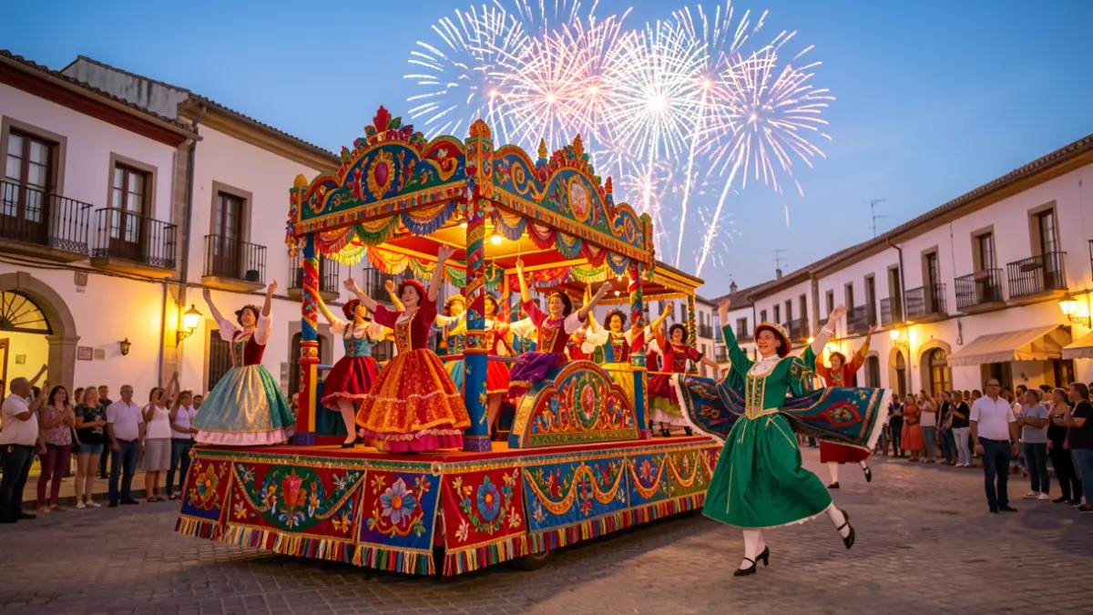 Carroza festiva en un desfile al anochecer con fuegos artificiales.