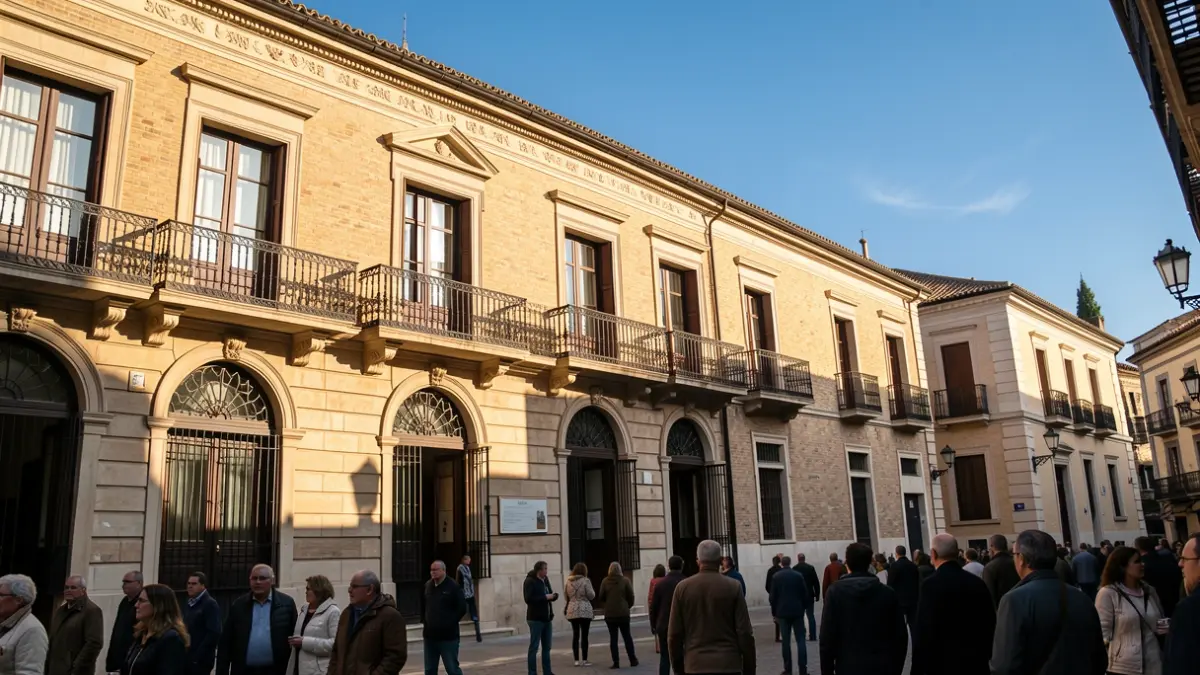 Fachada del Ayuntamiento de Alcalá de Henares con balcón y arquitectura tradicional española.