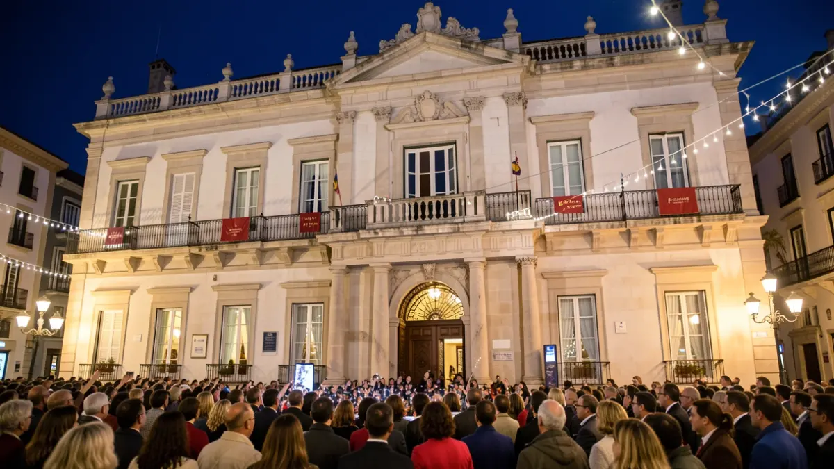 Fachada del Ayuntamiento de Alcalá de Henares durante el pregón de las Ferias.