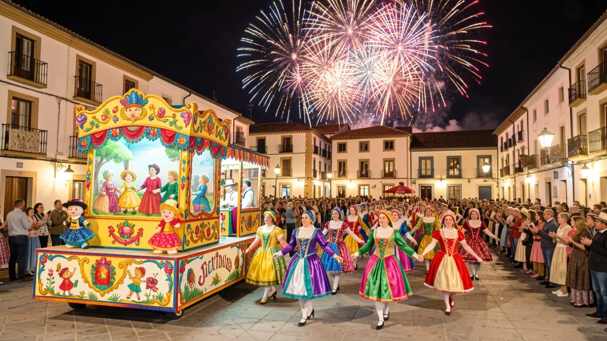 Generic image of a float parade and fireworks in a Spanish square.