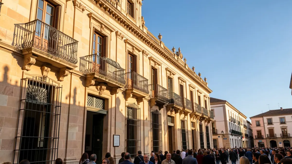 Facade of the Alcalá de Henares Town Hall with ornate balconies and iron railings, warm afternoon sunlight casting shadows on the sandstone walls, blue sky.